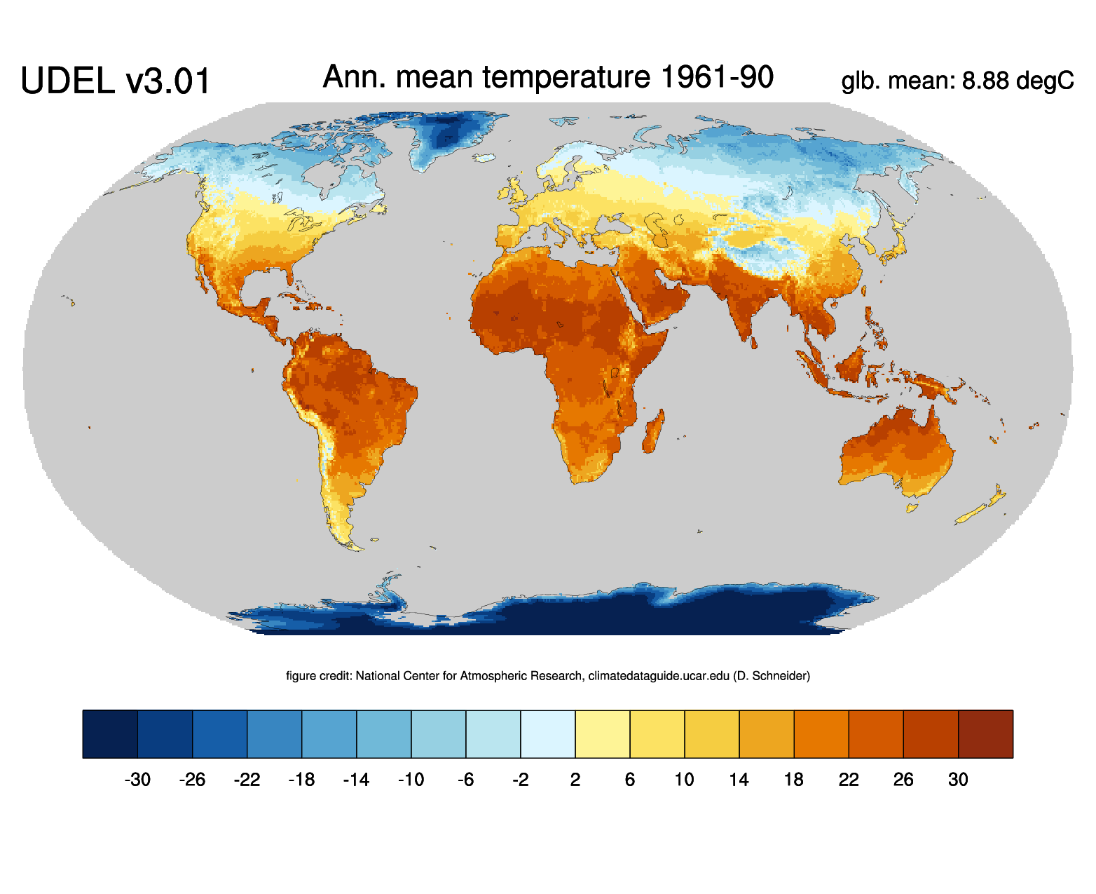 Global (land) precipitation and temperature:  Willmott & Matsuura, University of Delaware