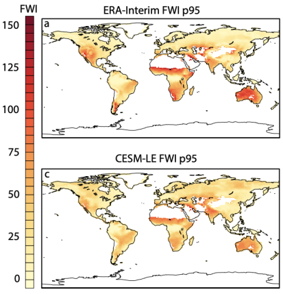 FWI p95 in ERAI and CESM1-LE (contributed by Danielle Touma)