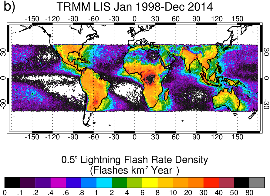 Post-boost climatology of lightning from TRMM LIS (September 2001 through December 2014). Taken from Blakeslee et al. (2020). (credit: Dennis Buechler)