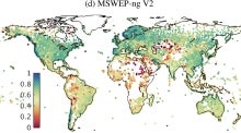 temporal correlations between 3-day mean rain gauge- and MSWEP-based time series. Each data point represents a rain gauge. Figure from Beck et al. (2017).