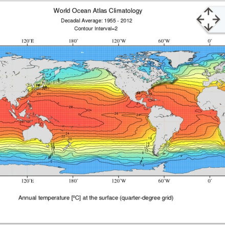 Annual temperature at the surface (quarter-degree grid) for 1955-2012 time period