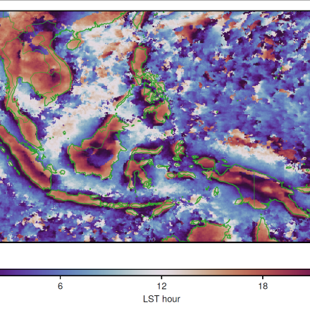 The local solar time of the peak of the diurnal cycle of the IMERG V07 precipitation rate—